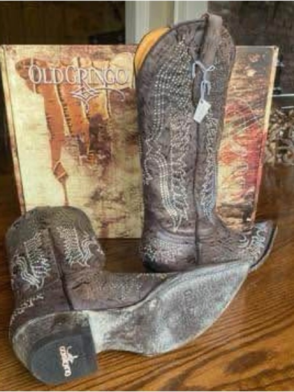Old Gringo Brown Leather Western Crystal-Studded Eagle Heeled Boots - Picture 4 of 8
